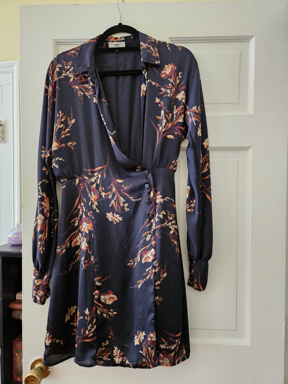 Equipment Navy Floral Long-Sleeve Wrap Dress with Rust Accents